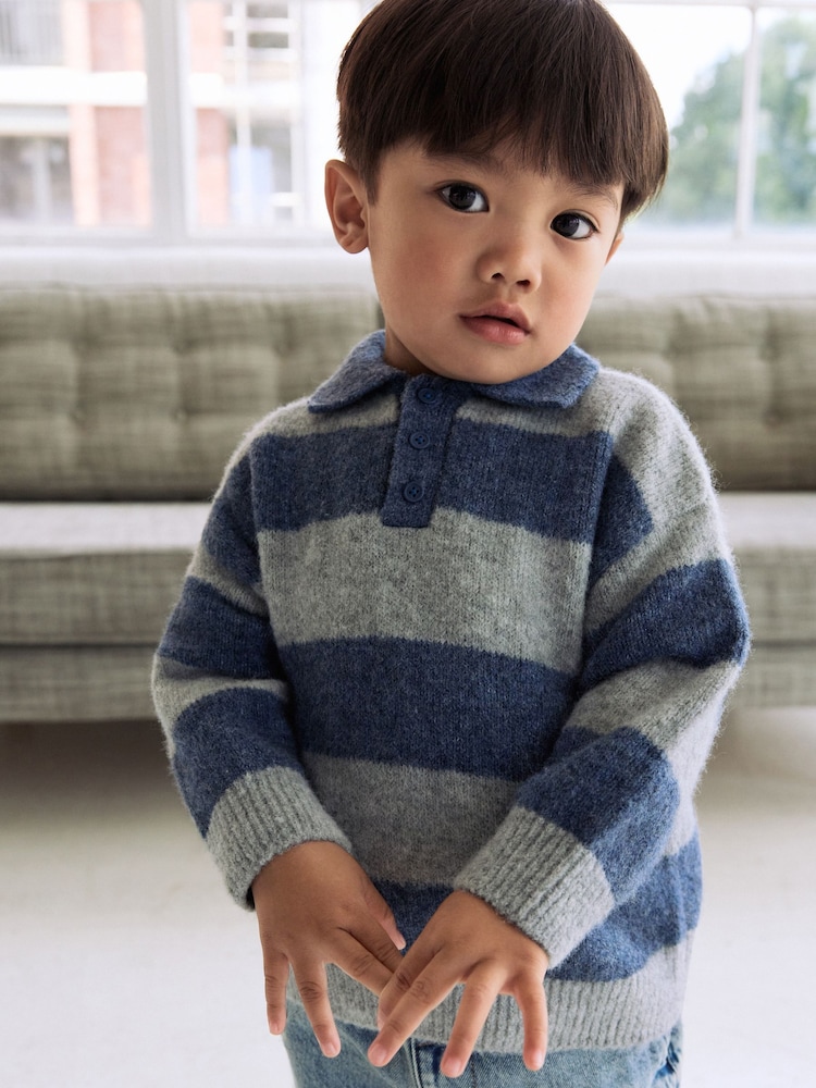 Blue Stripe Knitted Rugby Polo Shirt (3mths-7yrs) - Image 1 of 10