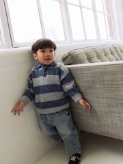 Blue Stripe Knitted Rugby Polo Shirt (3mths-7yrs) - Image 4 of 10