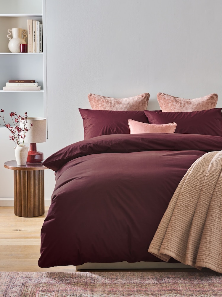 Burgundy Red Cotton Rich Plain Duvet Cover and Pillowcase Set - Image 1 of 4