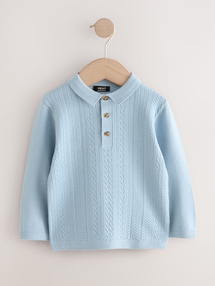 Blue Cable Knit Polo Shirt (3mths-7yrs) - Image 1 of 4