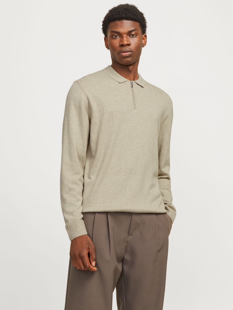 JACK & JONES Grey Quarter Zip Knitted Polo Shirt - Image 1 of 6
