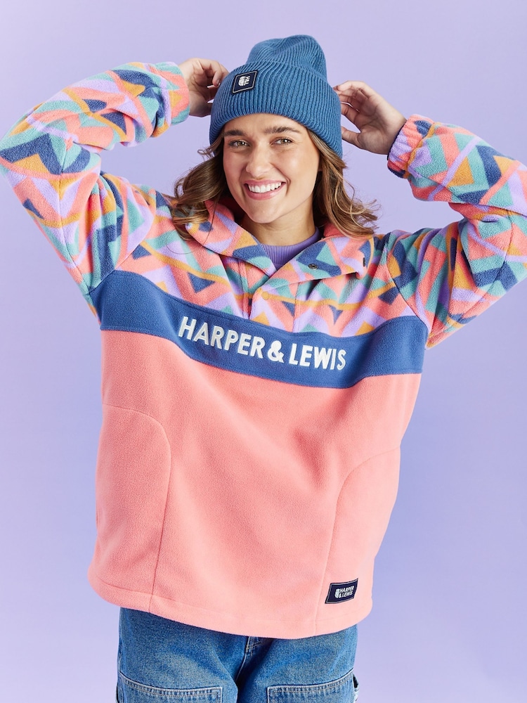 Harper & Lewis Pink Polar Retro Pattern Popper Neck Fleece Pink - Image 1 of 9