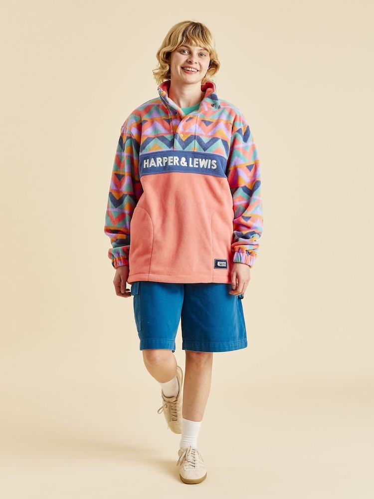 Harper & Lewis Pink Polar Retro Pattern Popper Neck Fleece Pink - Image 1 of 4 Harper & Lewis Pink Polar Retro Pattern Popper Neck Fleece Pink - Image 1 of 4