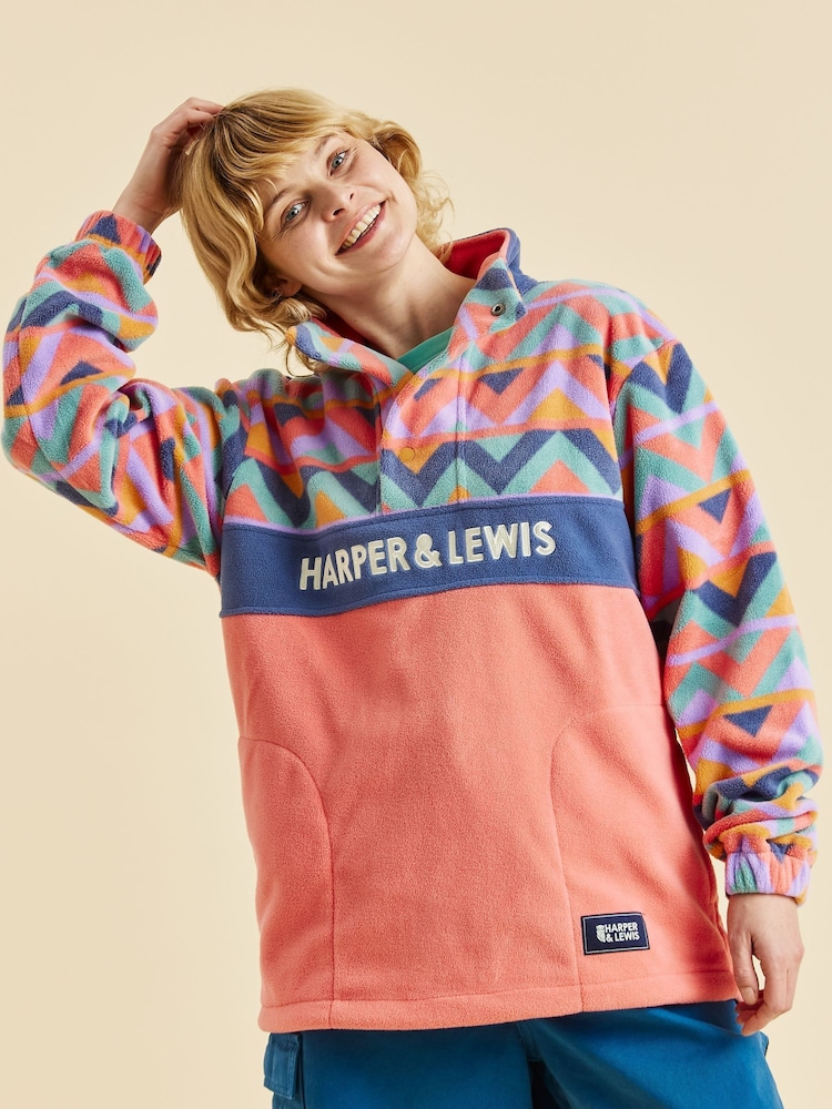 Harper & Lewis Pink Polar Retro Pattern Popper Neck Fleece Pink - Image 2 of 4 Harper & Lewis Pink Polar Retro Pattern Popper Neck Fleece Pink - Image 2 of 4