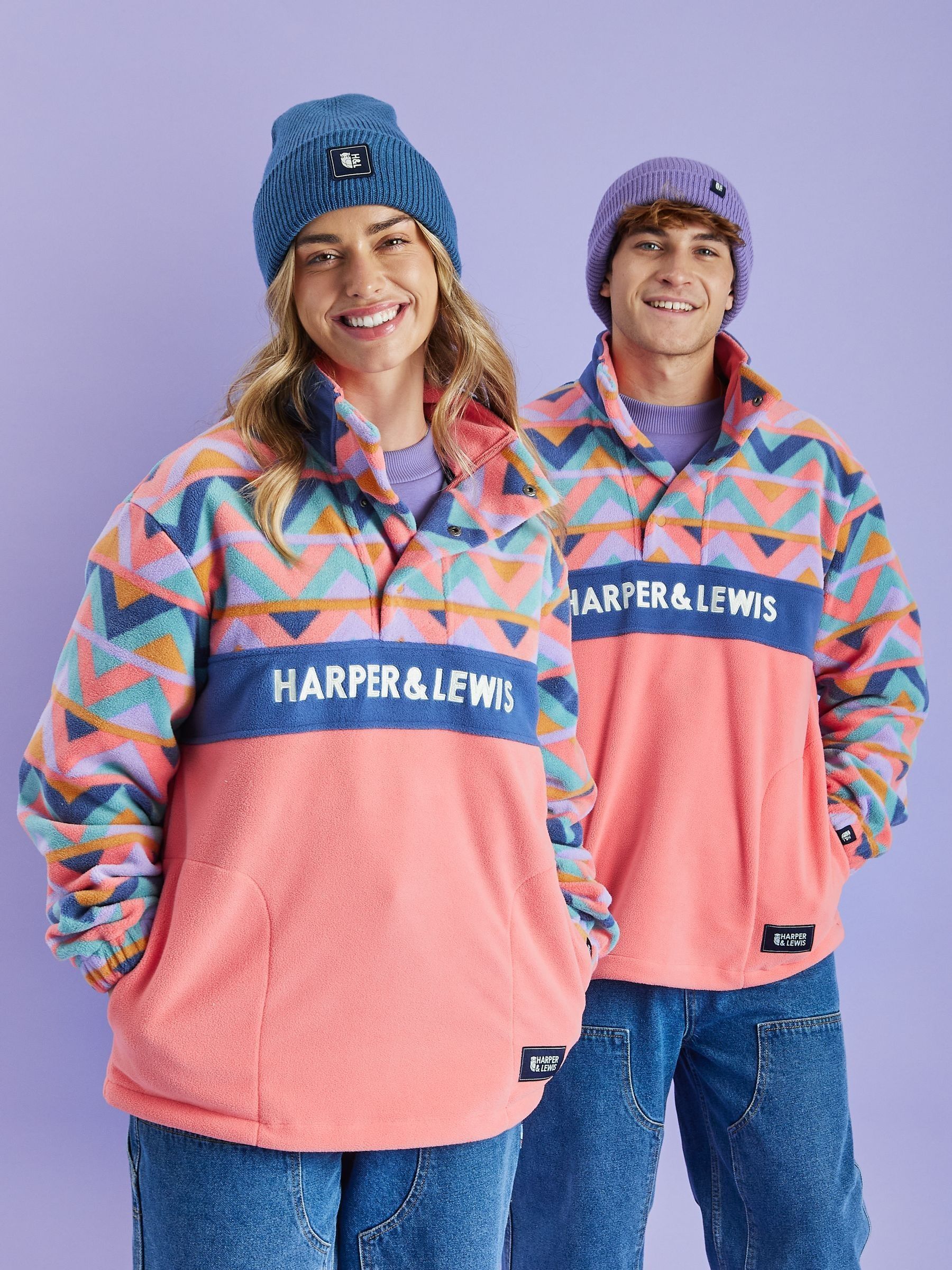 Buy Harper & Lewis Pink Polar Retro Pattern Popper Neck Fleece