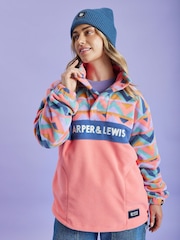 Harper & Lewis Pink Polar Retro Pattern Popper Neck Fleece Pink - Image 3 of 9