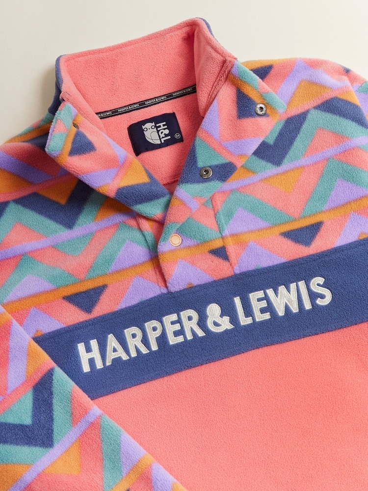 Harper & Lewis Pink Polar Retro Pattern Popper Neck Fleece Pink - Image 9 of 9