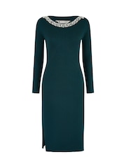 Yumi Green Pearl Neckline Fitted Midi Knitted Dress - Image 5 of 5