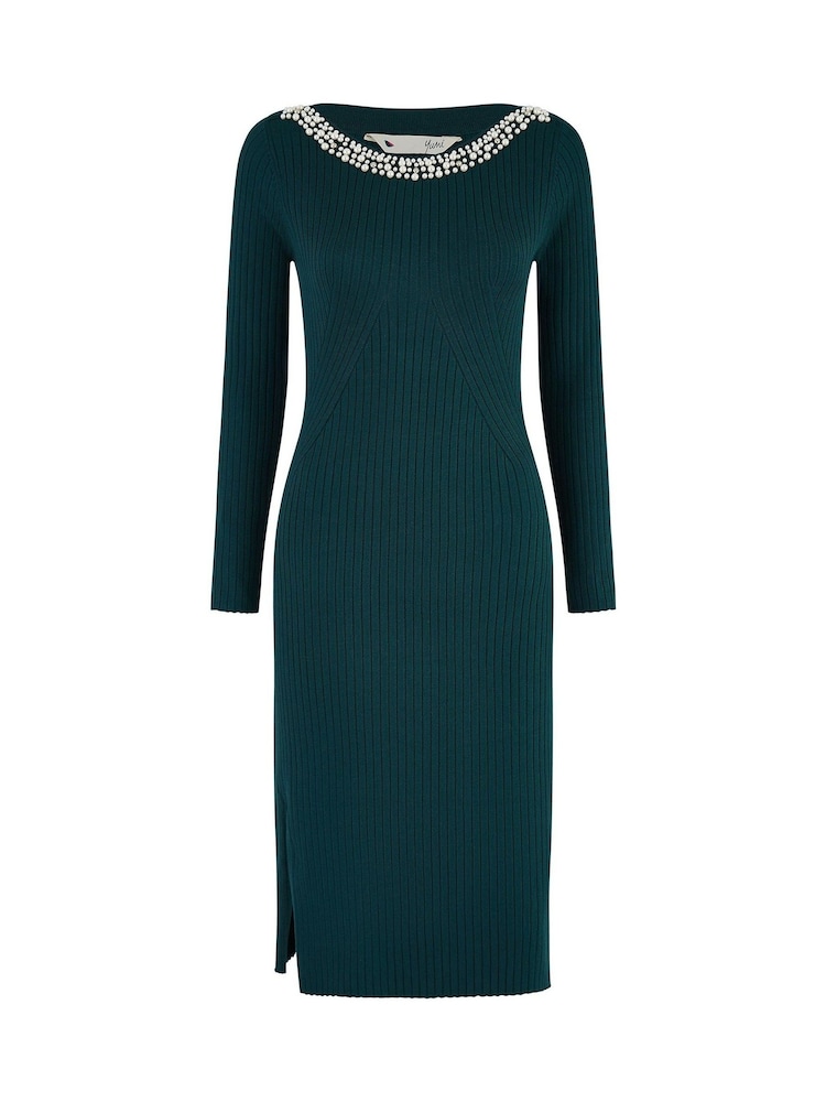 Yumi Green Pearl Neckline Fitted Midi Knitted Dress - Image 5 of 5