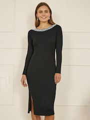 Yumi Black Pearl Neckline Fitted Midi Knitted Dress - Image 1 of 4