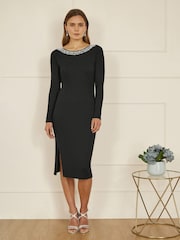 Yumi Black Pearl Neckline Fitted Midi Knitted Dress - Image 2 of 4