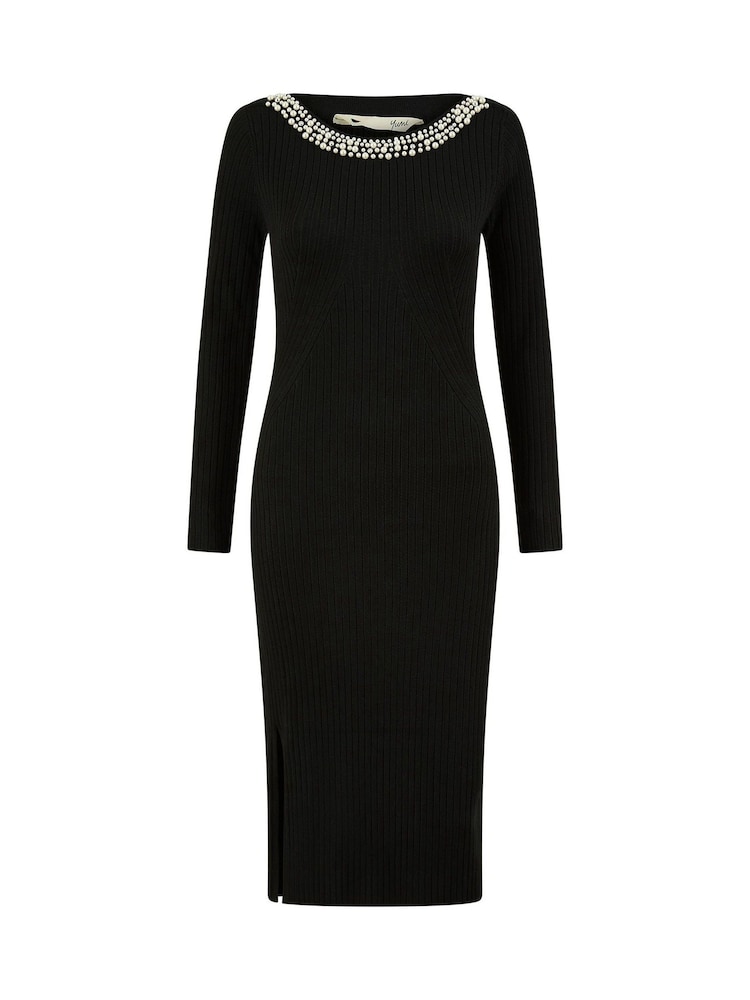 Yumi Black Pearl Neckline Fitted Midi Knitted Dress - Image 4 of 4