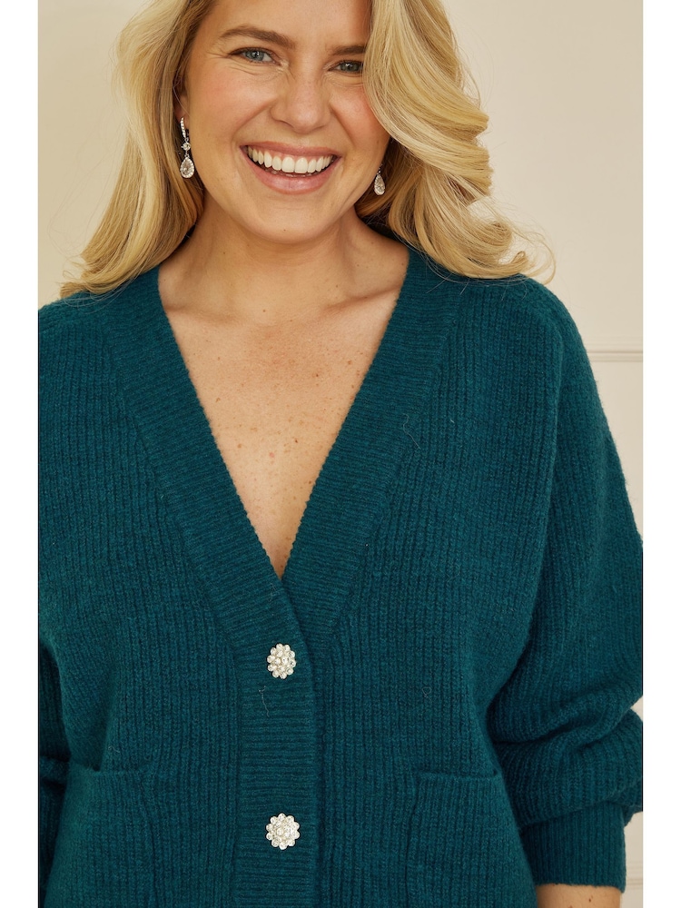 Yumi Green Daisy Button Knitted Relaxed Fit Cardigan - Image 3 of 5