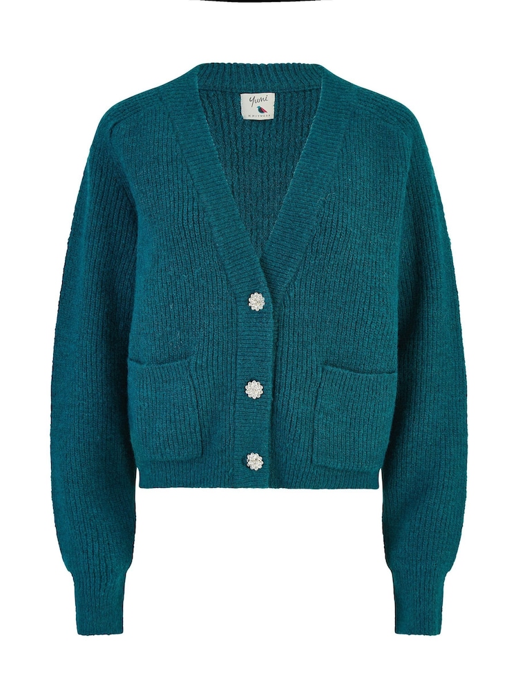 zelena - Yumi Daisy Button Knitted Relaxed Fit pletena jopa - Slika 5 iz 5 zelena - Yumi Daisy Button Knitted Relaxed Fit pletena jopa - Slika 5 iz 5