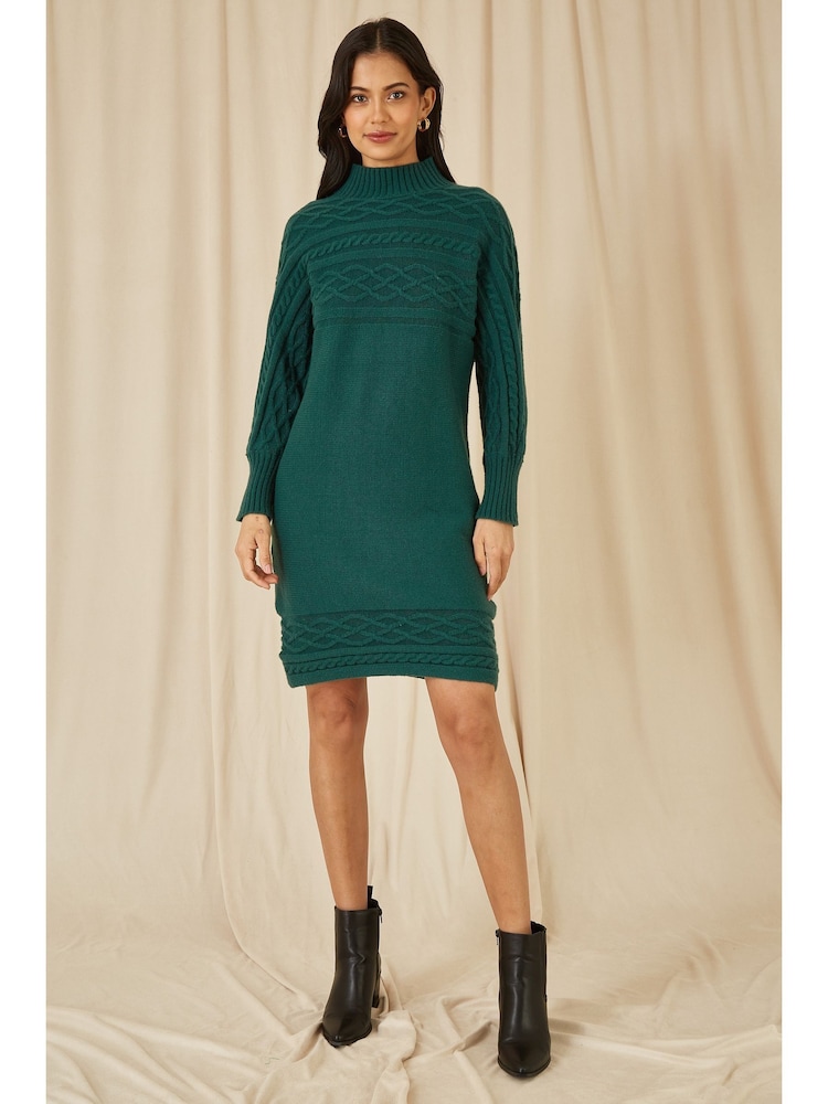 Yumi Green Roll Neck Knitted Dress With Fitted Waist - Image 2 of 5