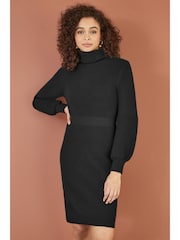Yumi Black Roll Neck Knitted Dress With Fitted Waist - Image 1 of 5