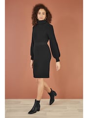 Yumi Black Roll Neck Knitted Dress With Fitted Waist - Image 2 of 5