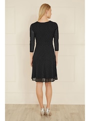 Yumi Black Velour Spot 3/4 Sleeve Wrap Skater Dress - Image 4 of 5