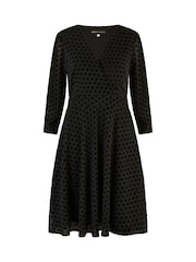 Yumi Black Velour Spot 3/4 Sleeve Wrap Skater Dress - Image 5 of 5