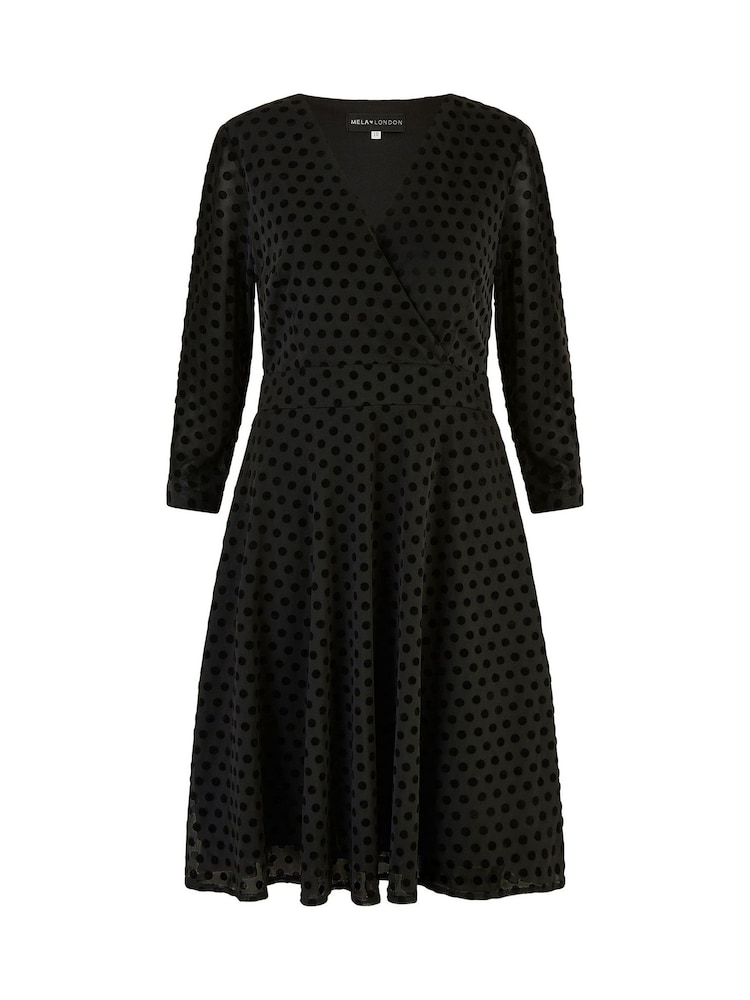 Yumi Black Velour Spot 3/4 Sleeve Wrap Skater Dress - Image 5 of 5