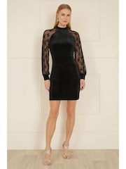 Yumi Black Velvet Fitted Dress With Lace Sleeves - Image 2 of 5