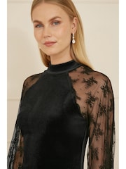 Yumi Black Velvet Fitted Dress With Lace Sleeves - Image 3 of 5