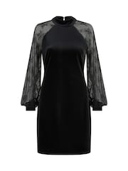 Yumi Black Velvet Fitted Dress With Lace Sleeves - Image 5 of 5