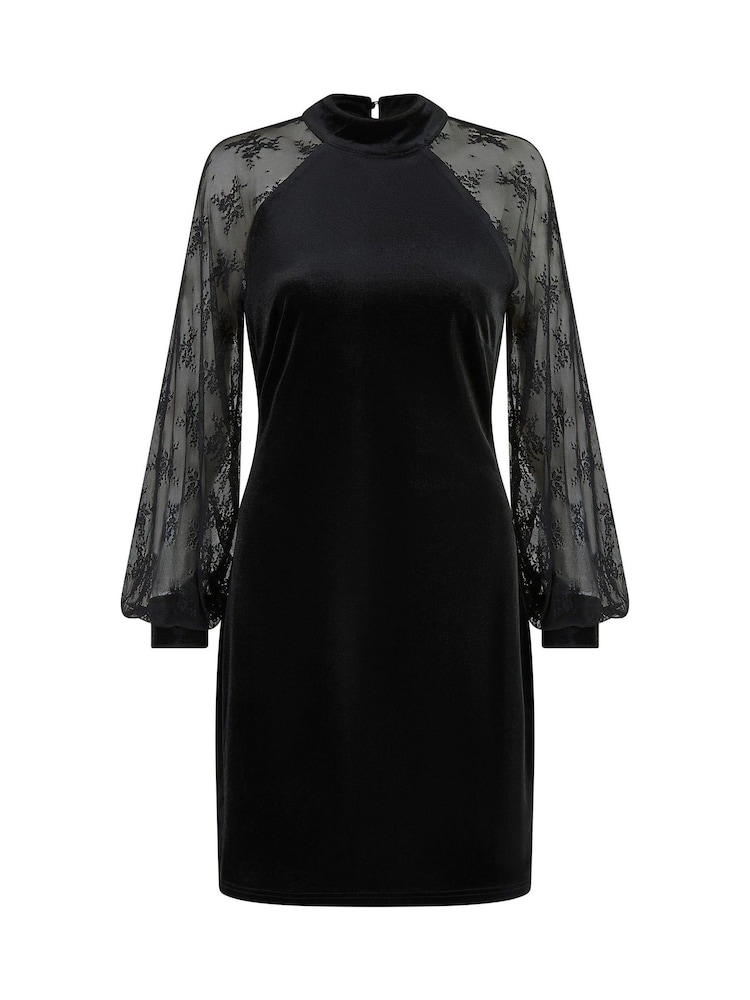 Yumi Black Velvet Fitted Dress With Lace Sleeves - Image 5 of 5