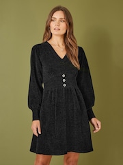 Yumi Black V-Neck Empire Line Knitted Skater Dress - Image 1 of 5