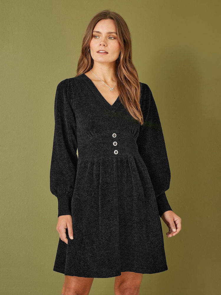Yumi Black V-Neck Empire Line Knitted Skater Dress - Image 1 of 5
