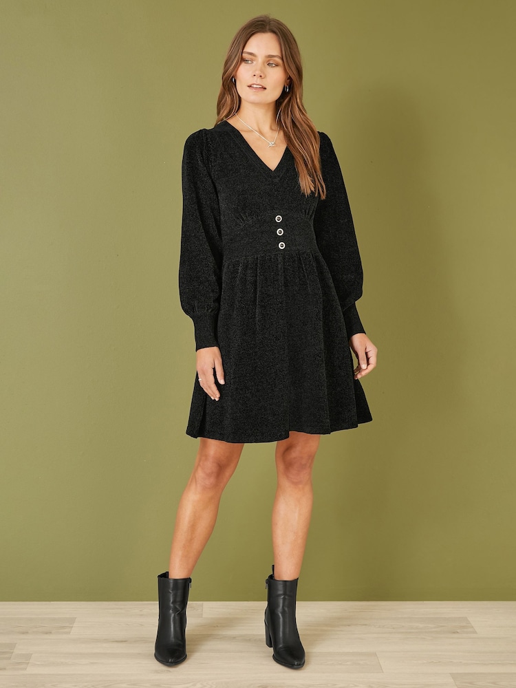 Yumi Black V-Neck Empire Line Knitted Skater Dress - Image 2 of 5