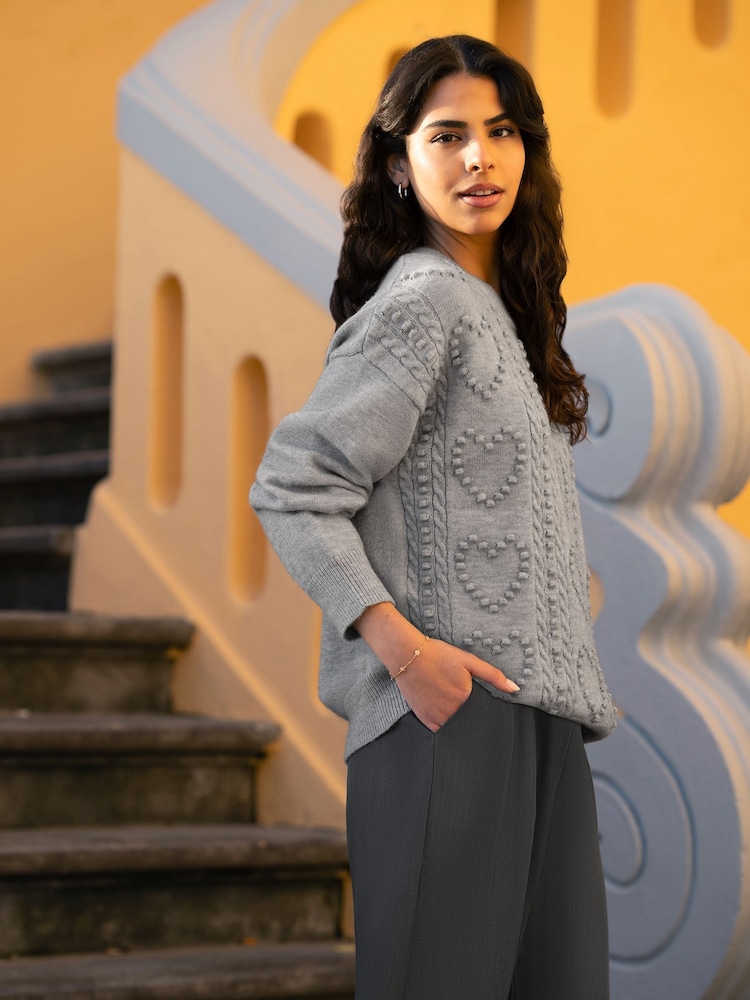 Yumi Grey Heart Knit Relaxed Jumper - Image 4 of 5