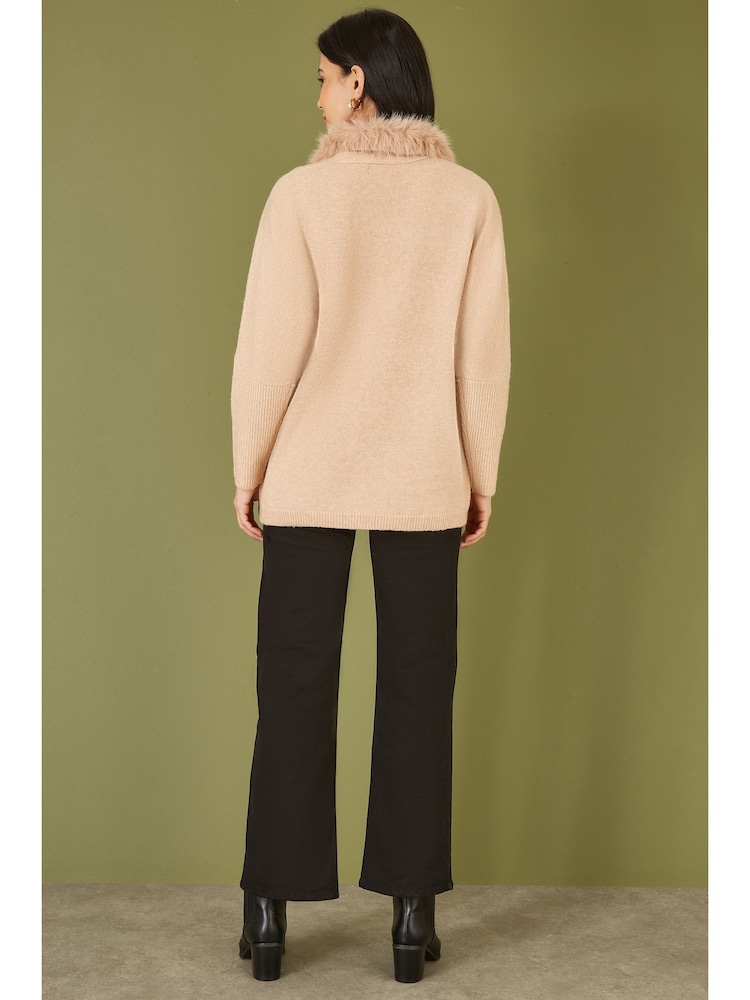 Yumi Natural Cardigan With Detachable Faux Fur Collar Trim - Image 4 of 5