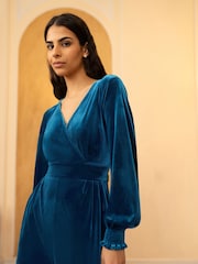 Yumi Blue Velvet Long sleeve Jumpsuit - Image 2 of 5