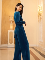 Yumi Blue Velvet Long sleeve Jumpsuit - Image 3 of 5