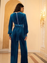 Yumi Blue Velvet Long sleeve Jumpsuit - Image 4 of 5