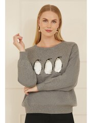 Yumi Grey Christmas Festive Penguin Knitted Jumper - Image 1 of 4