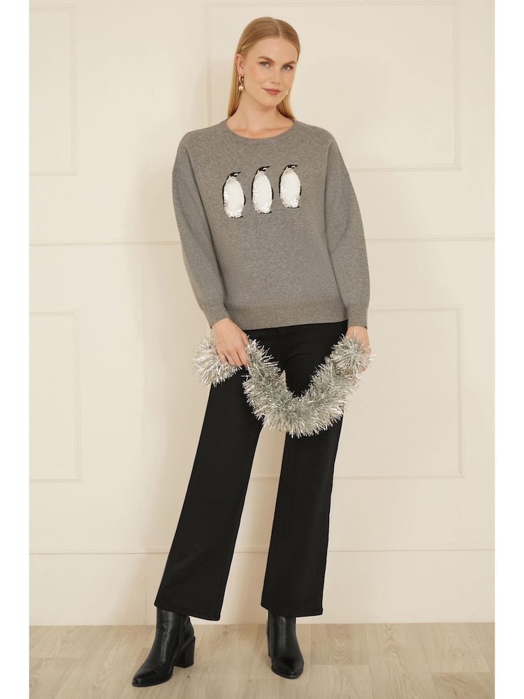 Yumi Grey Christmas Festive Penguin Knitted Jumper - Image 2 of 4