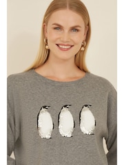 Yumi Grey Christmas Festive Penguin Knitted Jumper - Image 3 of 4