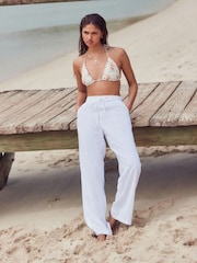 White Tie Waist Wide Leg Linen Blend Trousers - Image 1 of 9