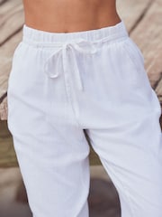 White Tie Waist Wide Leg Linen Blend Trousers - Image 6 of 9