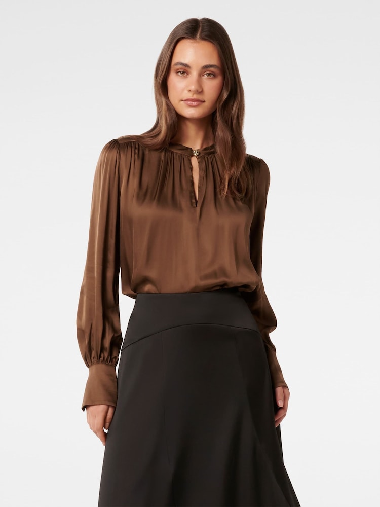 Forever New Brown Kai Gathered Detail Blouse - Image 1 of 5