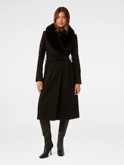 Forever New Black Monica Faux Fur Collared Wrap Coat - Image 1 of 5