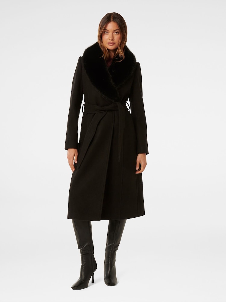 Forever New Black Monica Faux Fur Collared Wrap Coat - Image 1 of 5