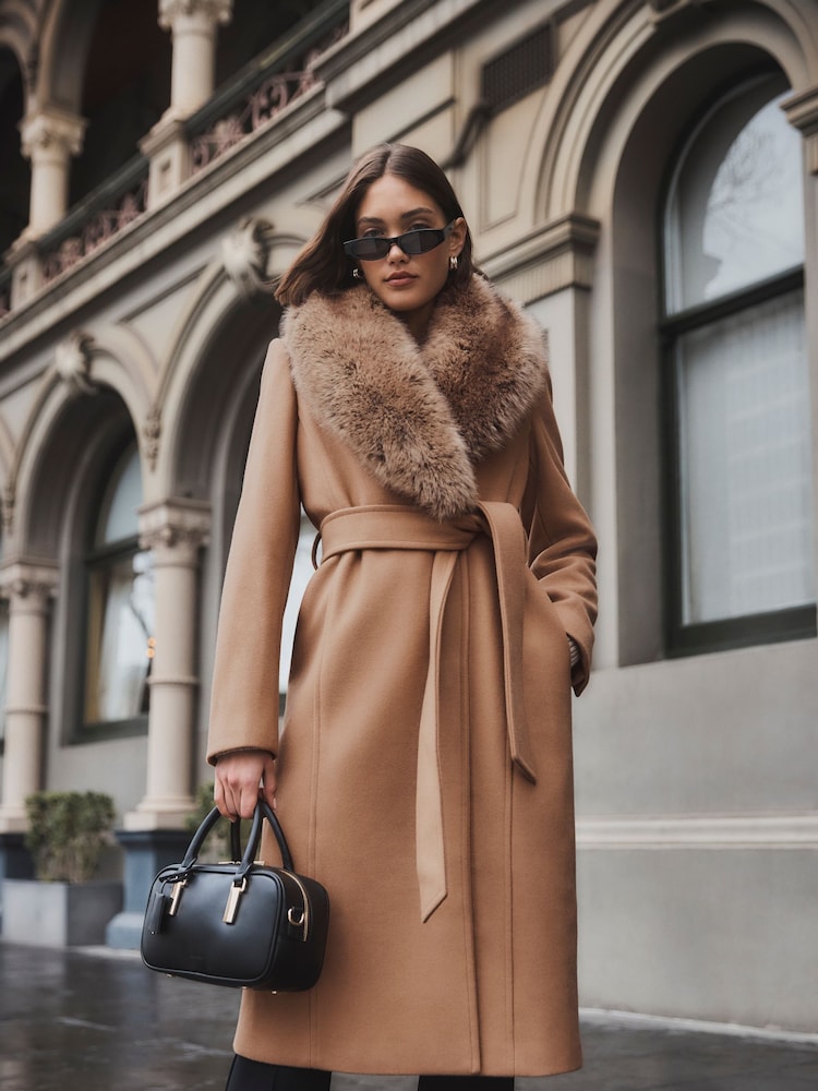 Forever New Brown Monica Faux Fur Collared Wrap Coat - Image 1 of 11