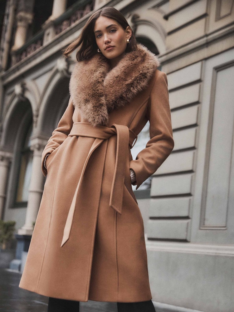 Forever New Brown Monica Faux Fur Collared Wrap Coat - Image 2 of 11