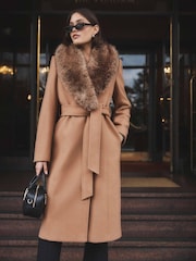 Forever New Brown Monica Faux Fur Collared Wrap Coat - Image 4 of 11