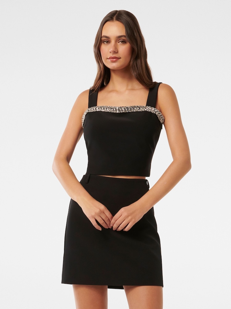 Forever New Black Camilla Embellished Trim Crepe Top - Image 1 of 5