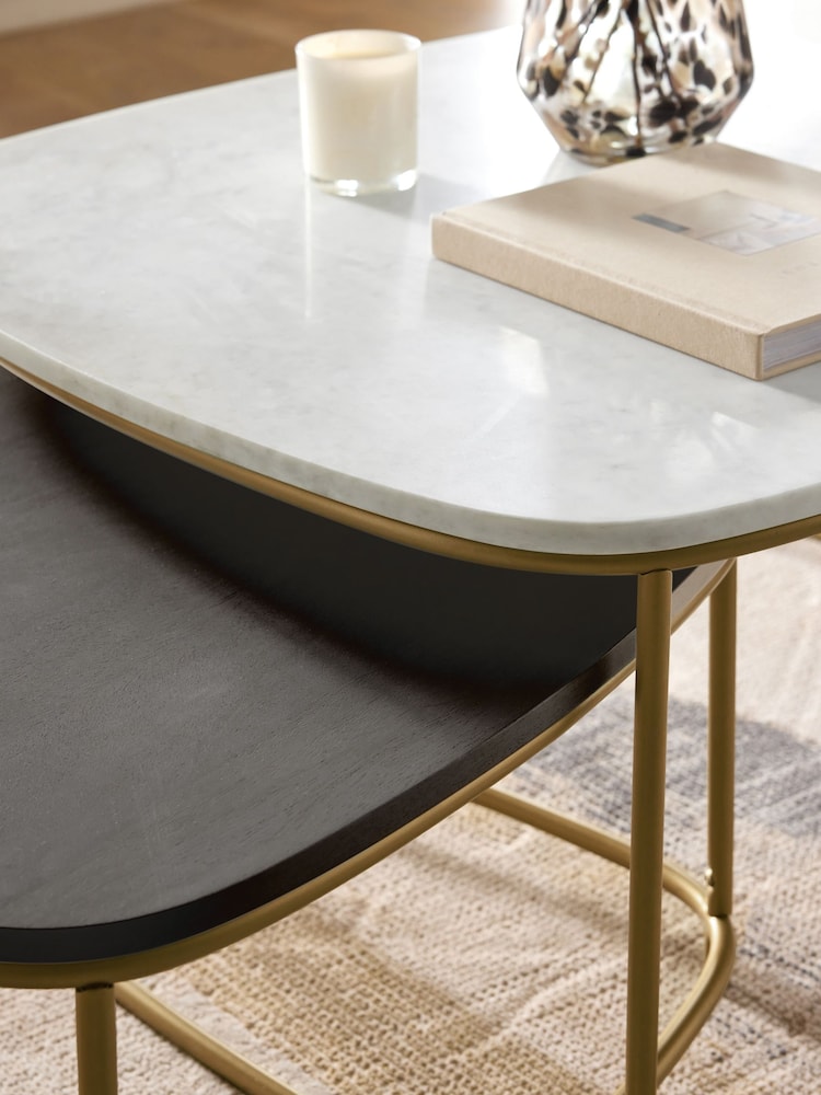Dark Grey Valencia Marble and Mango Wood Nest of 2, Rectangular Coffee Tables - Image 2 of 8