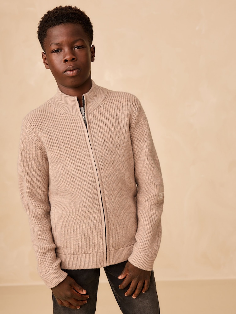 Neutral Utility Zip Through Knitted Cardigan (3-16yrs) - Image 1 of 8